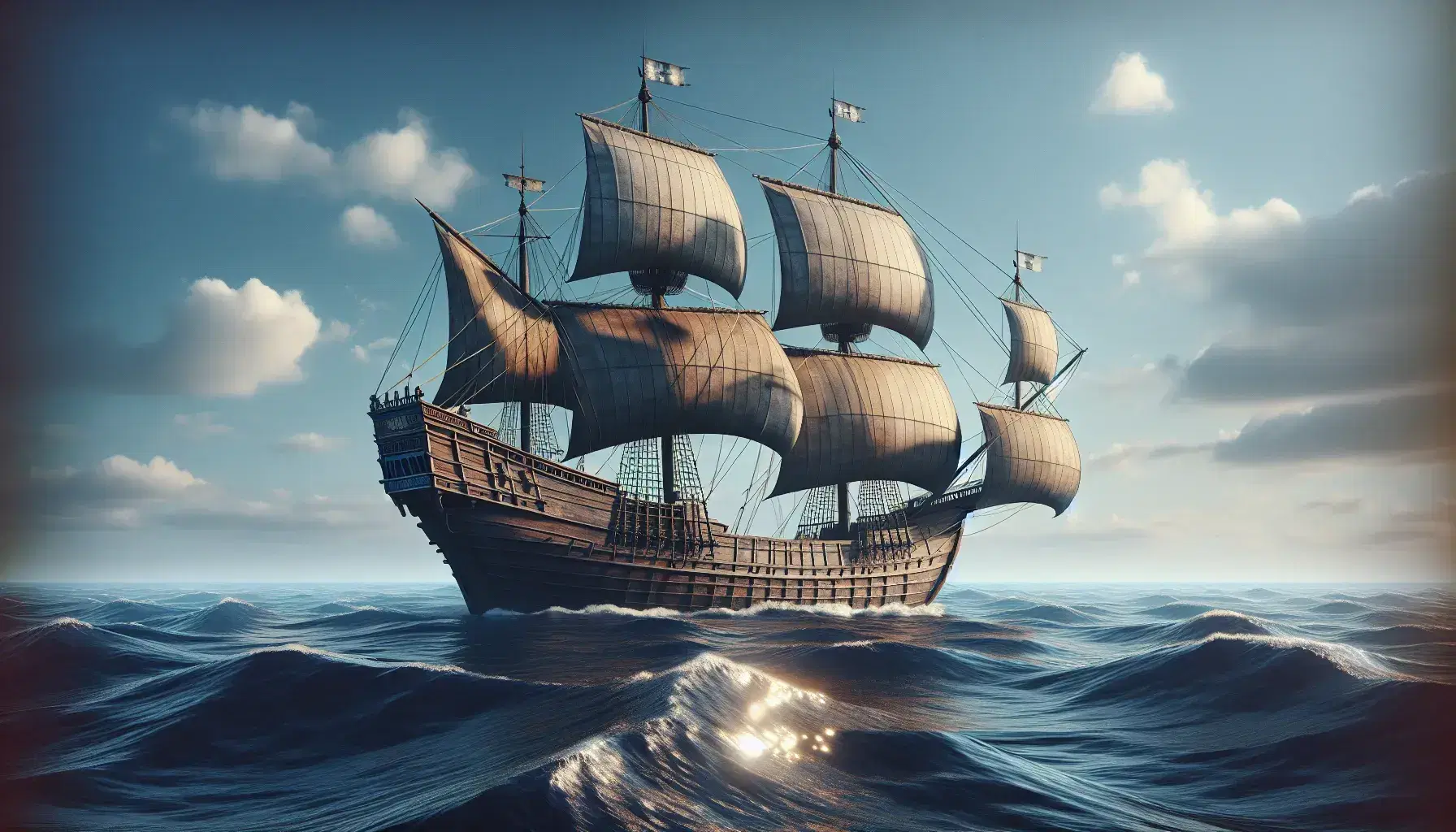 Caravella portoghese del XV secolo in navigazione con vele spiegate, mare moderato e cielo azzurro, senza elementi moderni.