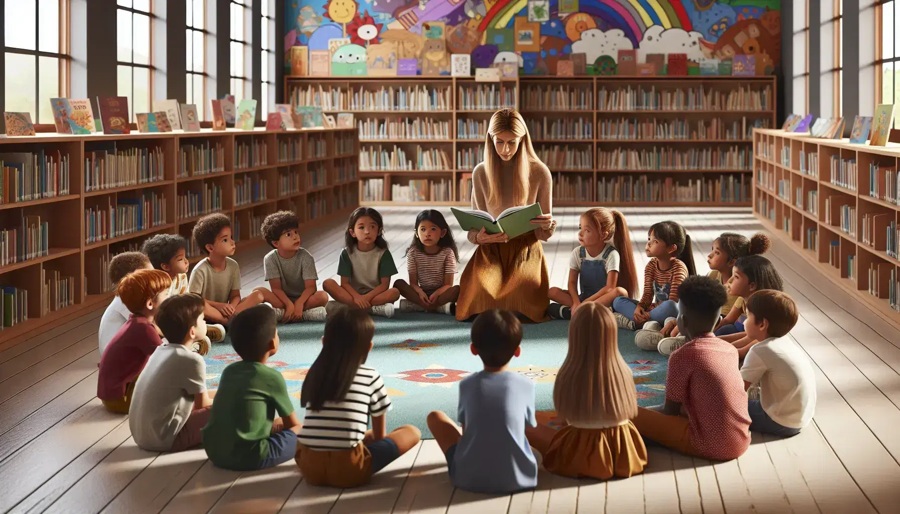 Niños diversos sentados en círculo en biblioteca escolar atentos a maestra leyendo libro ilustrado, estanterías con libros y luz natural.
