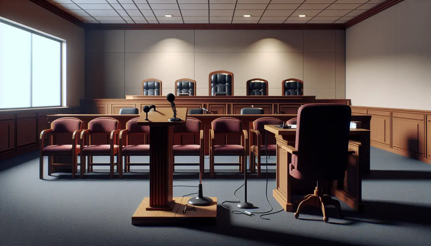 Empty courtroom with witness stand, lawyer's desk with papers and pens, absent judge's bench and jury.