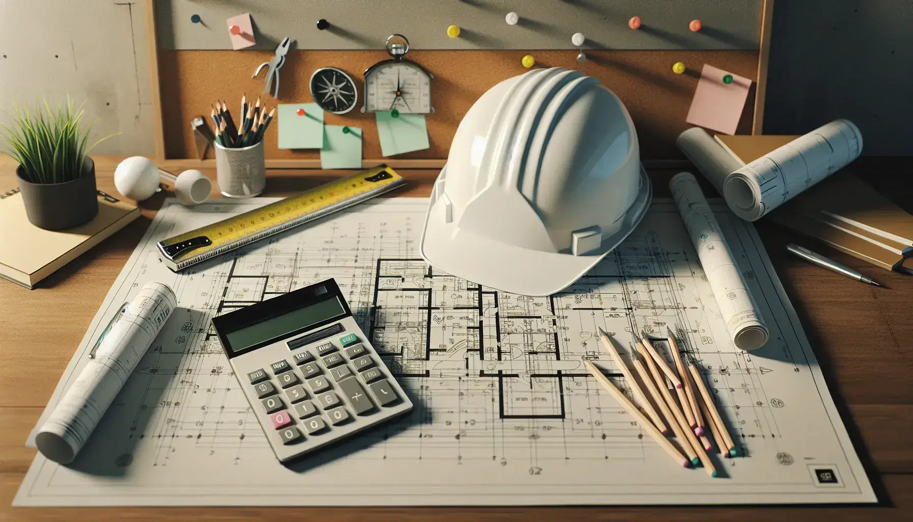Mesa de trabajo en oficina de proyecto de construcción con planos arquitectónicos, casco de seguridad, escuadra, compás y calculadora científica.
