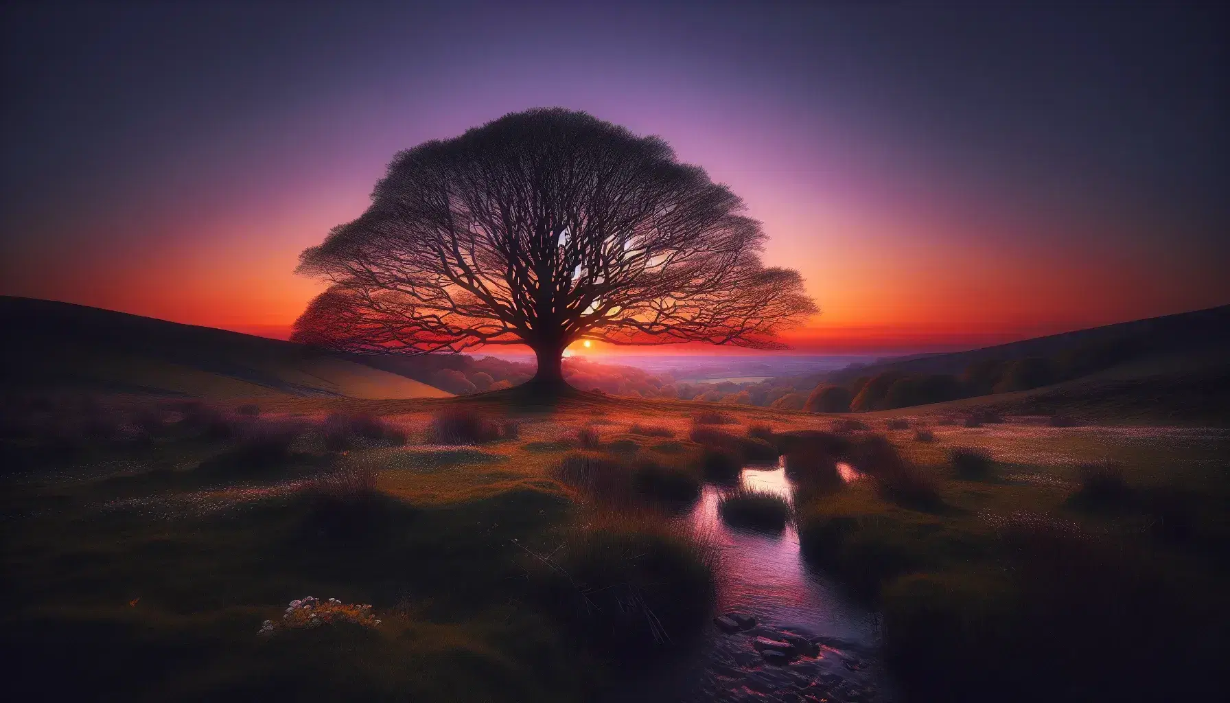 Albero solitario su una collina al tramonto con cielo sfumato da arancione a viola, prato fiorito e ruscello serpeggiante.