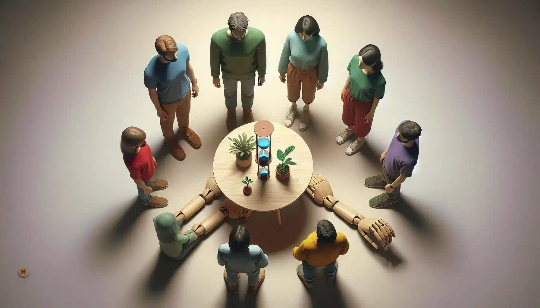 Grupo de cinco personas en círculo alrededor de una mesa con un reloj de arena, una planta y manos de madera, con iluminación suave y fondo neutro.