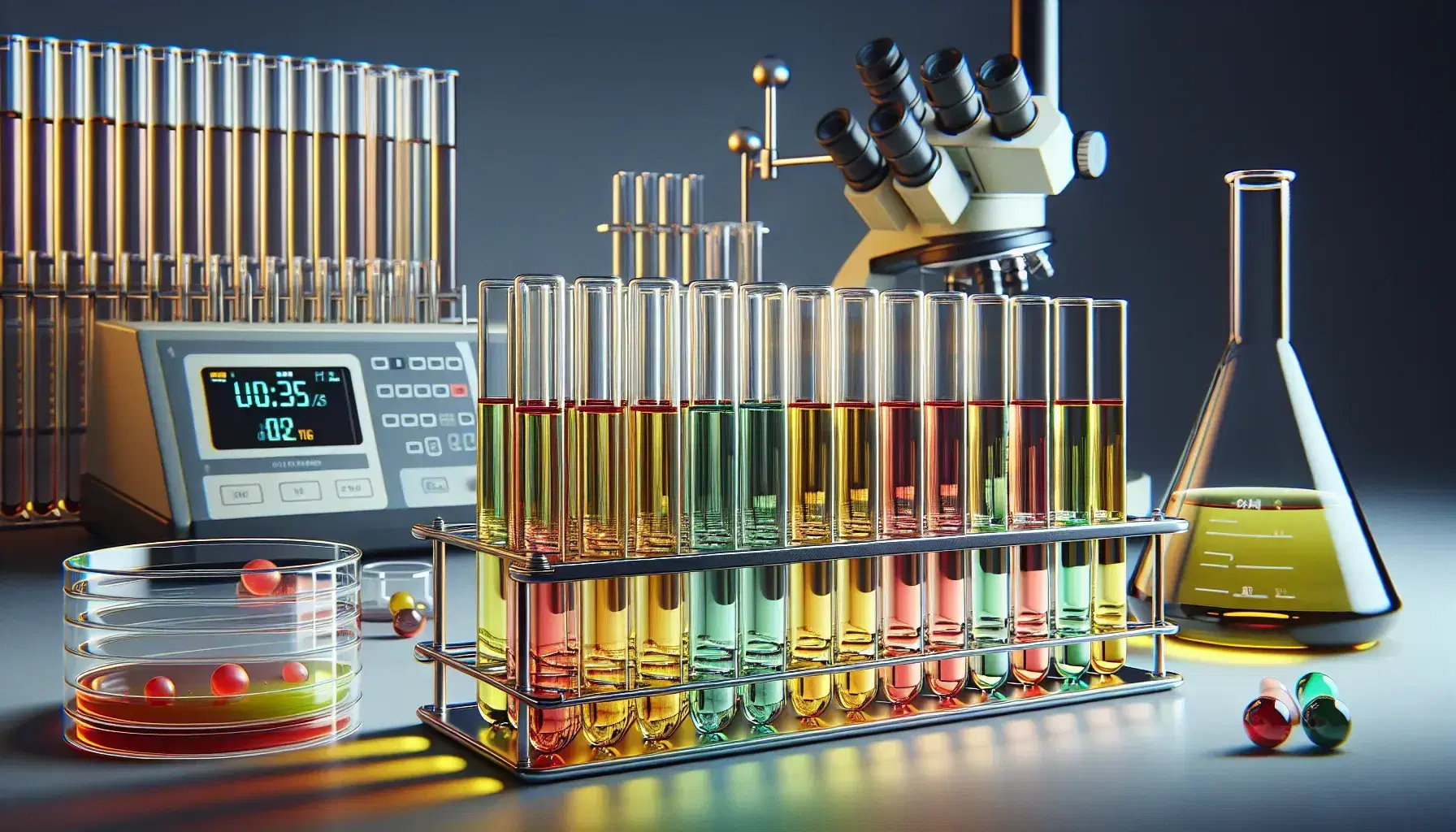 Tubos de ensayo con líquidos de colores en gradiente de amarillo a rojo en un soporte metálico, balanza analítica y microscopio en un laboratorio de investigación.