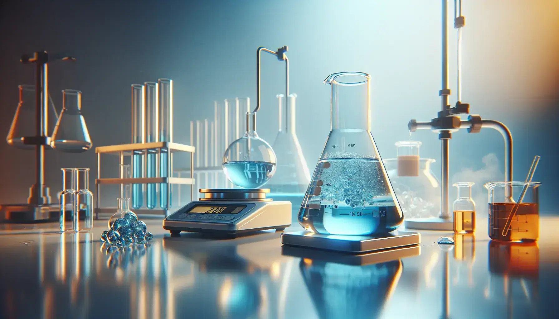 Laboratory with glass beaker containing blue liquid, digital scale, graduated cylinder, flask and test tubes on reflective bench.