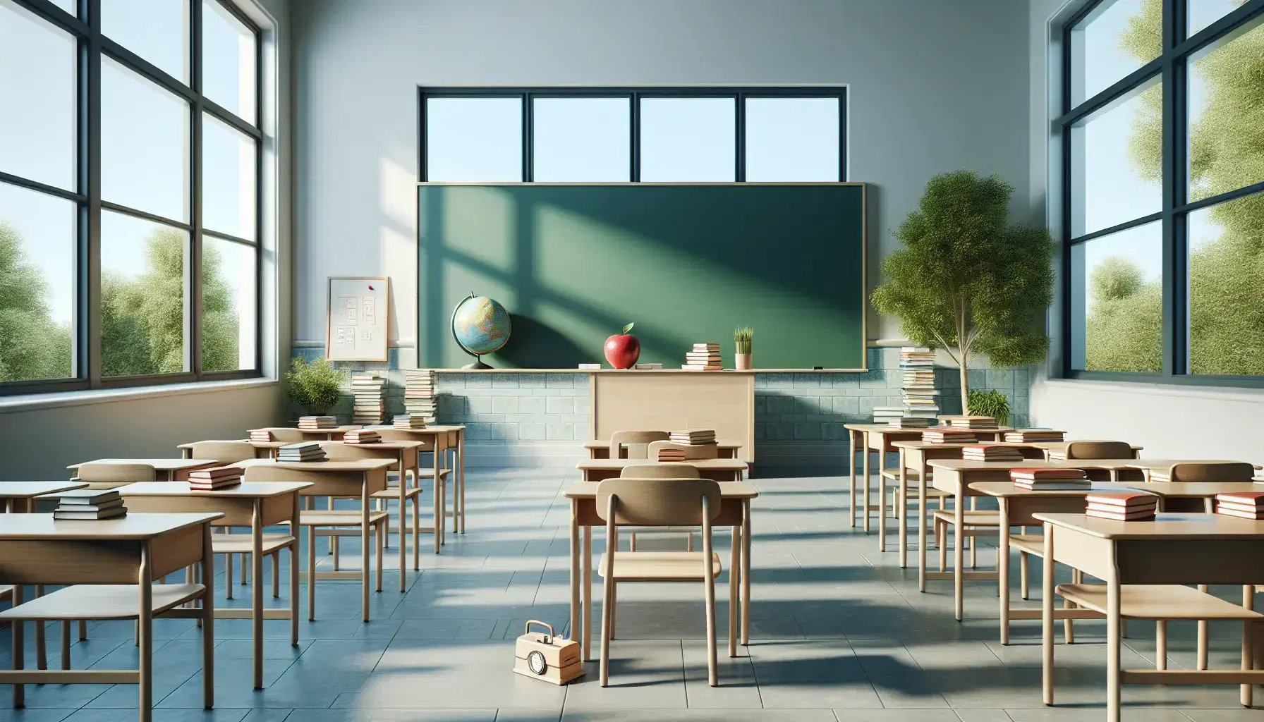Aula scolastica luminosa con lavagna verde, banco insegnante con libri e mela, banchi ordinati, finestre aperte e pianta verde.