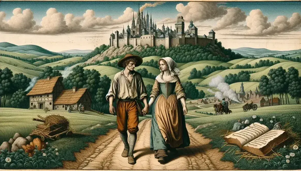 Giovane coppia contadina cammina mano nella mano su sentiero con castello medievale sullo sfondo e città fumante in lontananza.