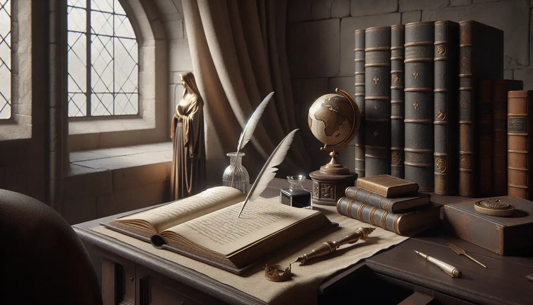 Scrivania in legno scuro con libro aperto, penna d'oca e calamaio, statuetta bronzea femminile e mappamondo in ambiente medievale.