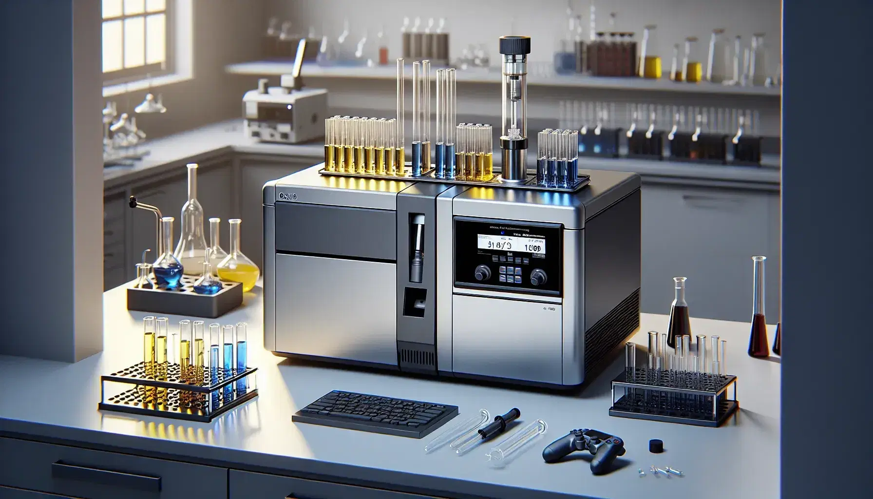 Laboratorio scientifico moderno con spettrofotometro ad assorbimento atomico, provette colorate su supporto e bruciatore atomizzatore acceso.