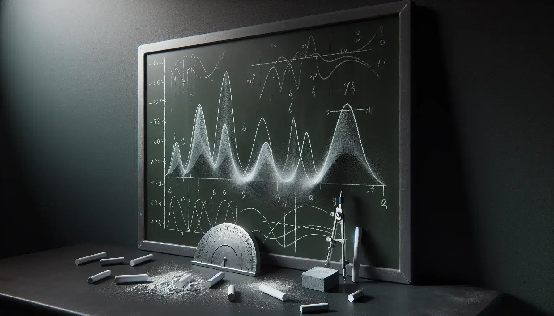 Pizarra verde oscuro con trazos de tiza blanca y diagramas matemáticos difuminados, borrador gris y útiles de geometría bajo luz suave.