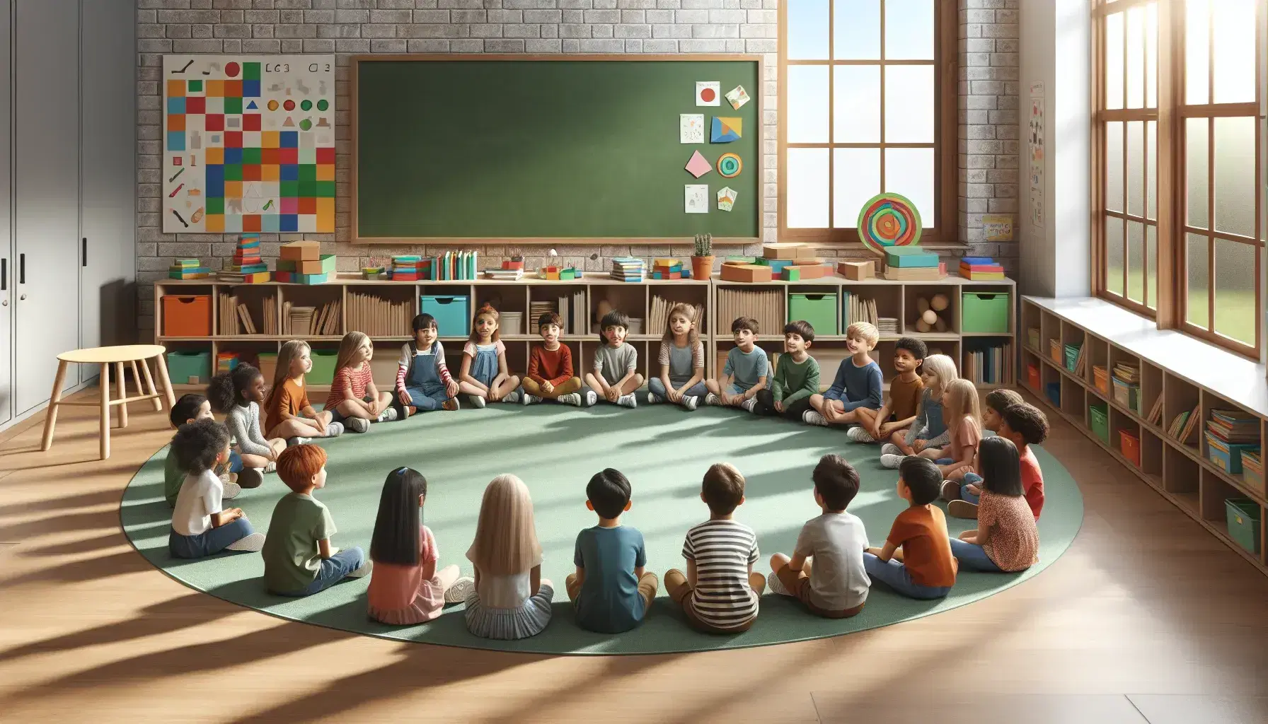 Niños de diversas etnias sentados en semicírculo en aula escolar, participando en actividad grupal con luz natural y estantería de libros coloridos.