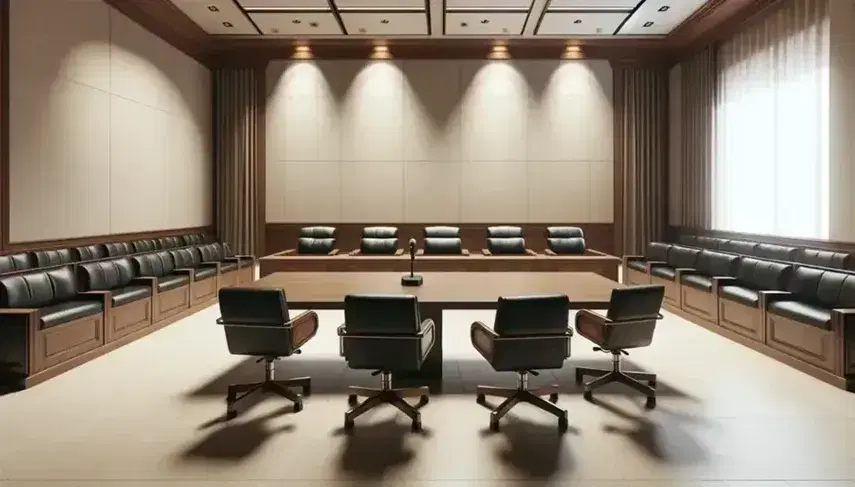 Sala de tribunal vacía con mesa central de madera oscura, sillas de cuero negro, podio con micrófono y suelo de mármol claro.