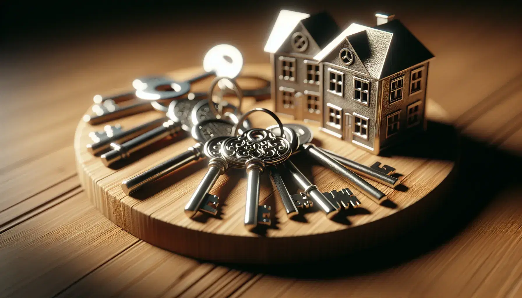 Conjunto de llaves metálicas de distintos tamaños sobre superficie de madera con grano visible y maqueta de casa con techo rojo al centro.