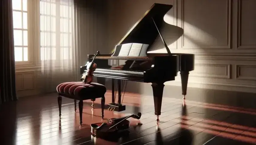 Pianoforte a coda nero lucido con coperchio aperto e meccanismo interno visibile, violino su sgabello di velluto rosso e spartito su leggio in stanza illuminata naturalmente.