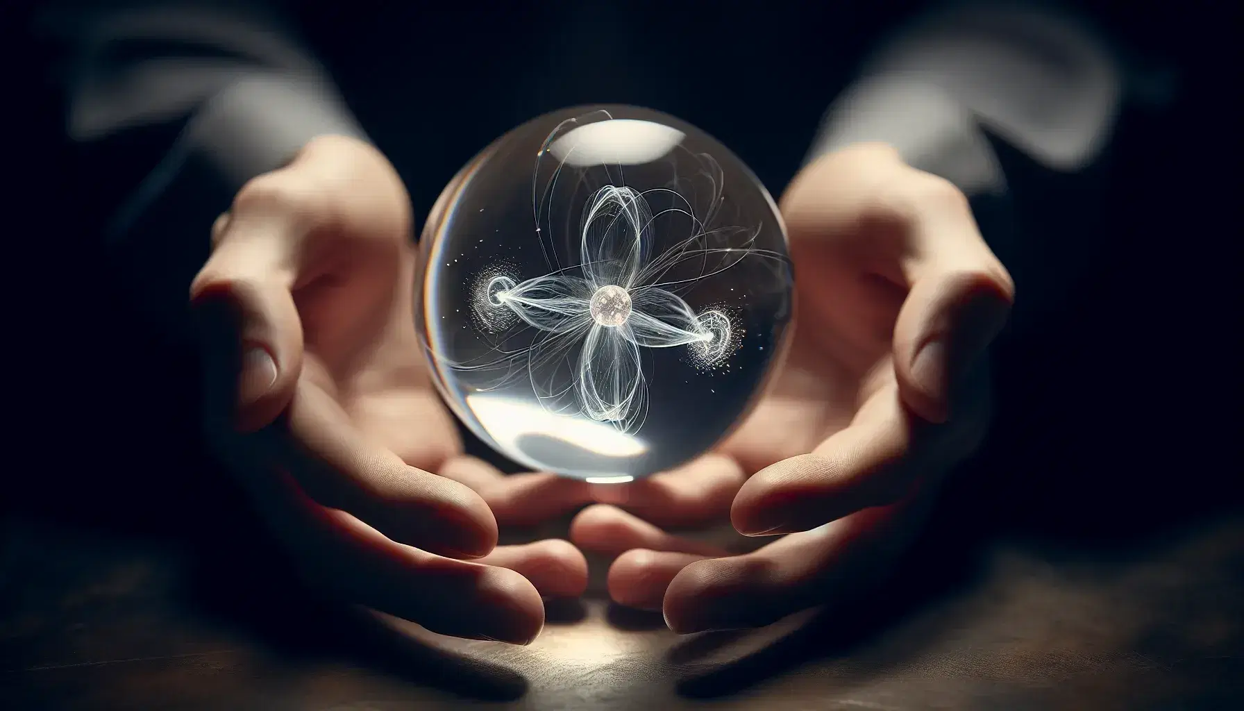 Hands holding a crystal ball with glowing particles connected by swirling lines inside, against a dark backdrop, highlighting the sphere's luminosity.