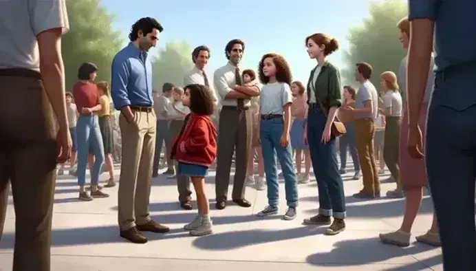 Diverse group enjoying a sunny day in a park with a man holding a child, a woman chatting with a teen, people on benches, and a fountain.