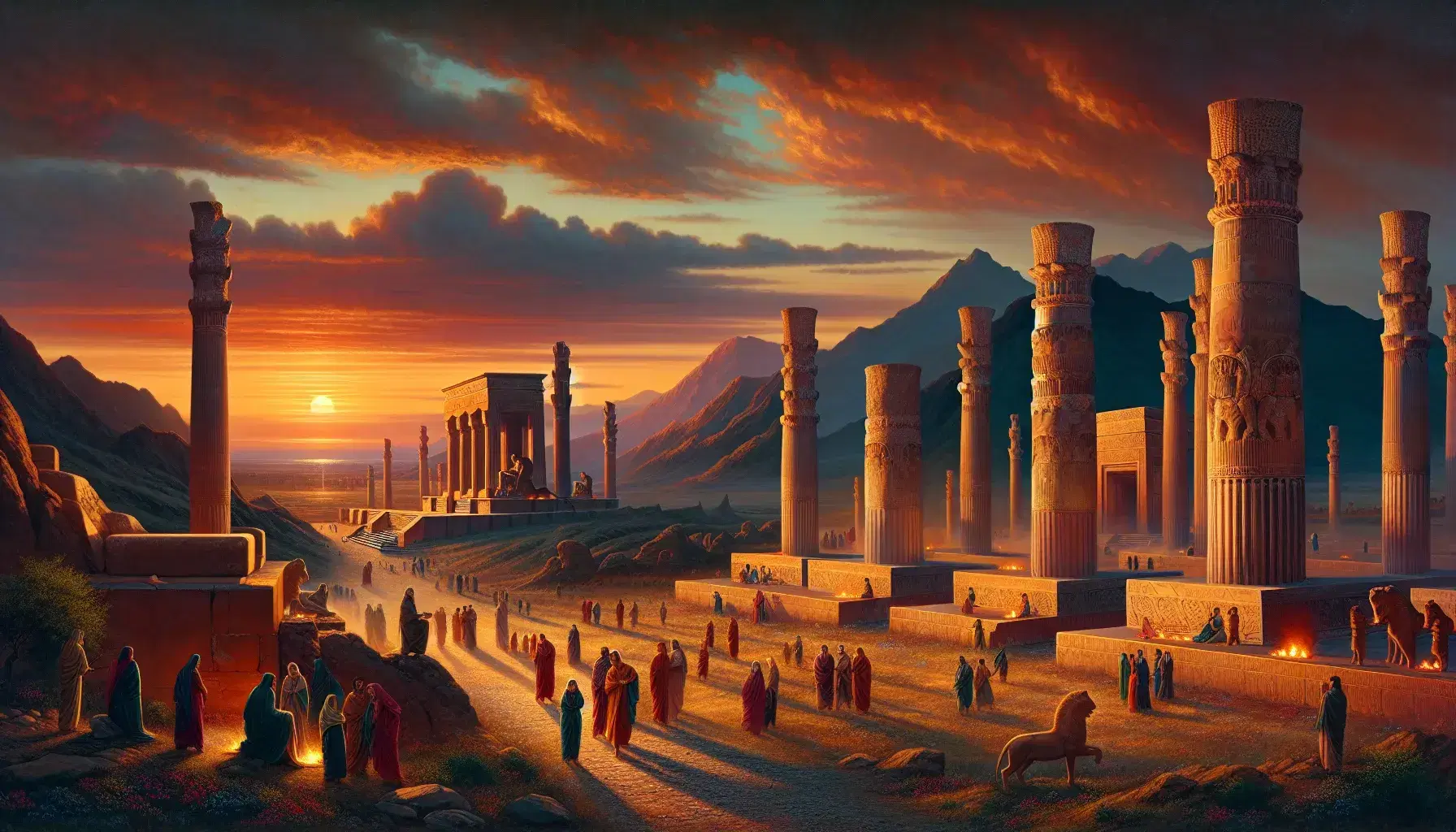 Tramonto sul plateau iraniano con Persepolis in primo piano, colonne e scalinate monumentali, persone in abiti persiani e fuoco con figure sedute.