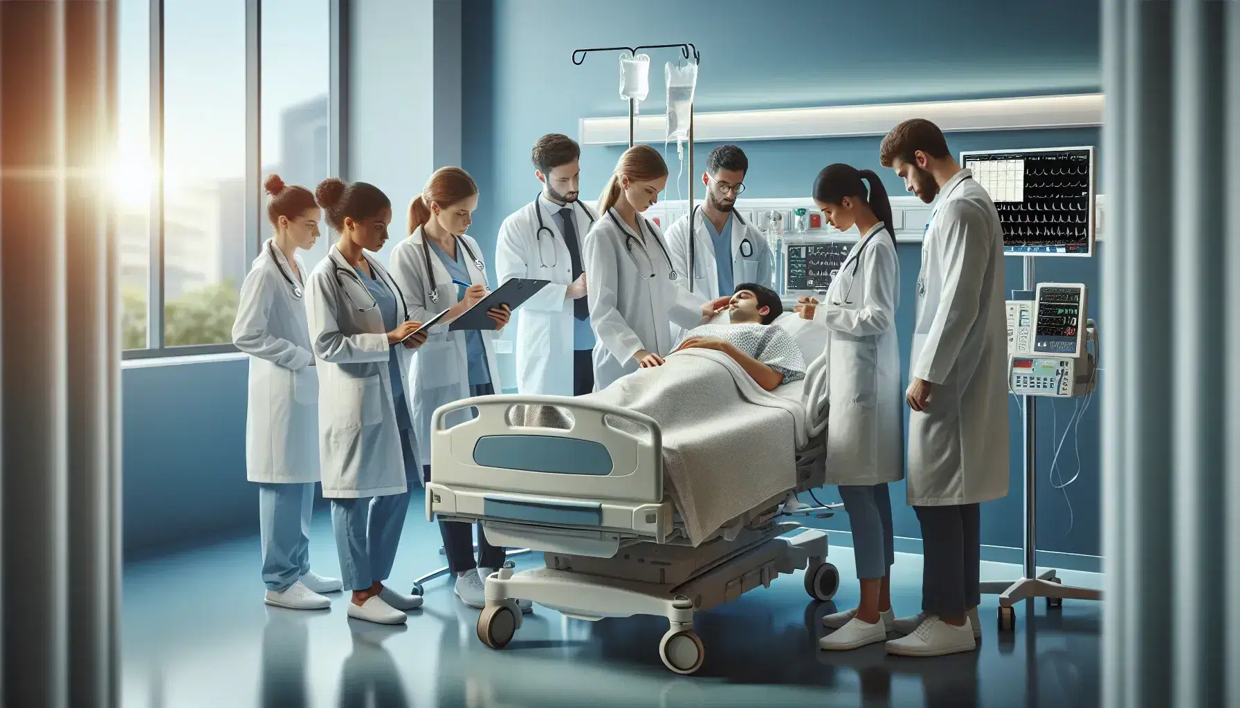 Diverse medical team attentively monitors patient in modern hospital room with medical equipment and natural light.