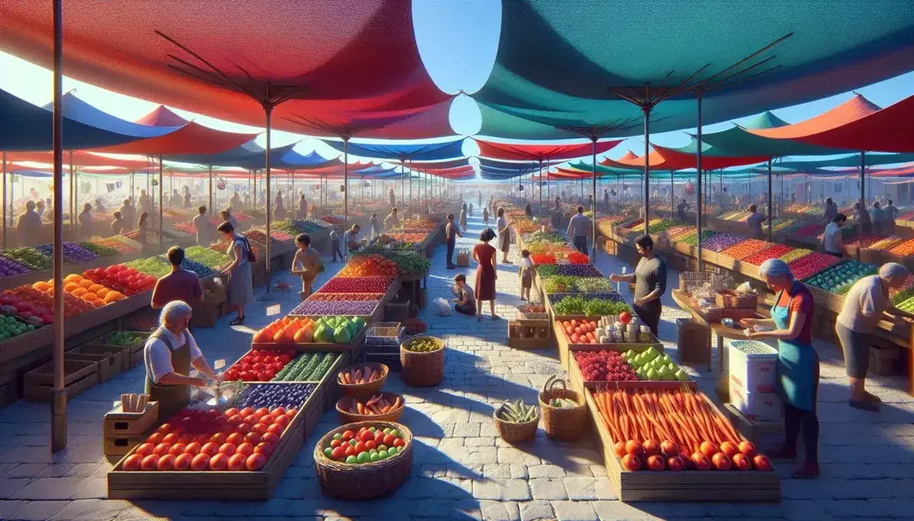 Mercado al aire libre con puestos coloridos vendiendo frutas y verduras frescas, clientes comprando y vendedores atendiendo bajo un cielo azul claro.