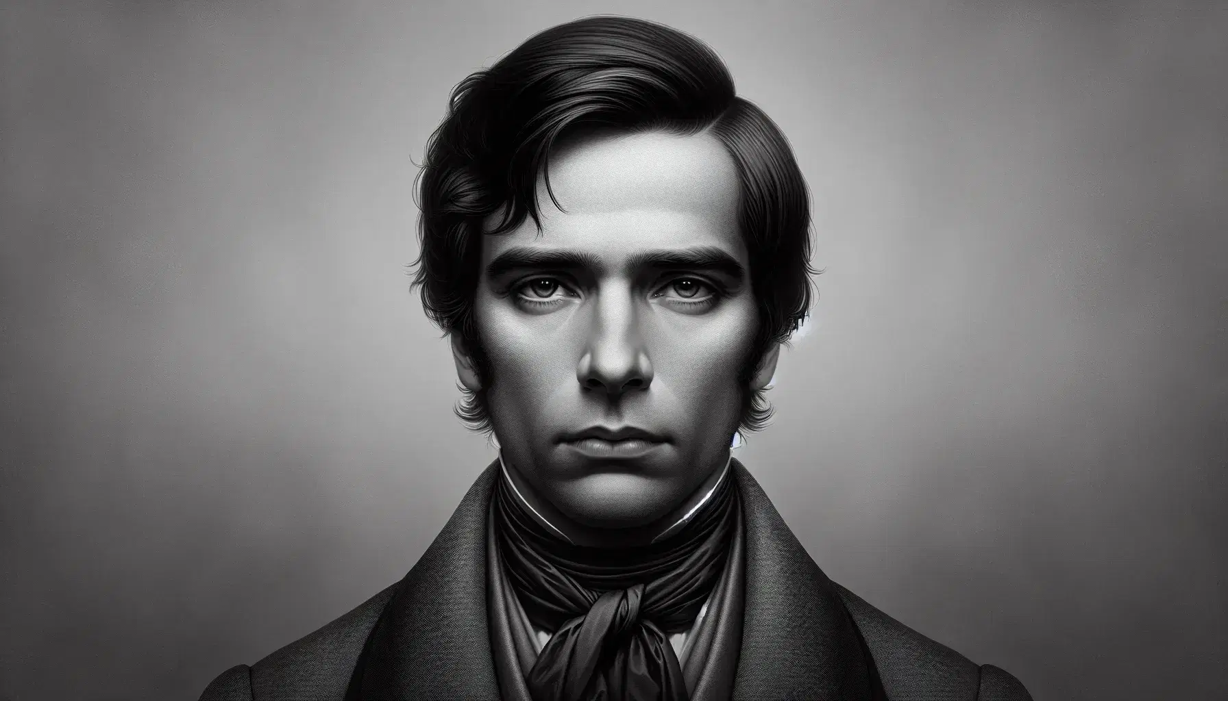 Ritratto in bianco e nero di uomo adulto serio con capelli scuri pettinati all'indietro, abbigliamento d'epoca e sguardo penetrante.