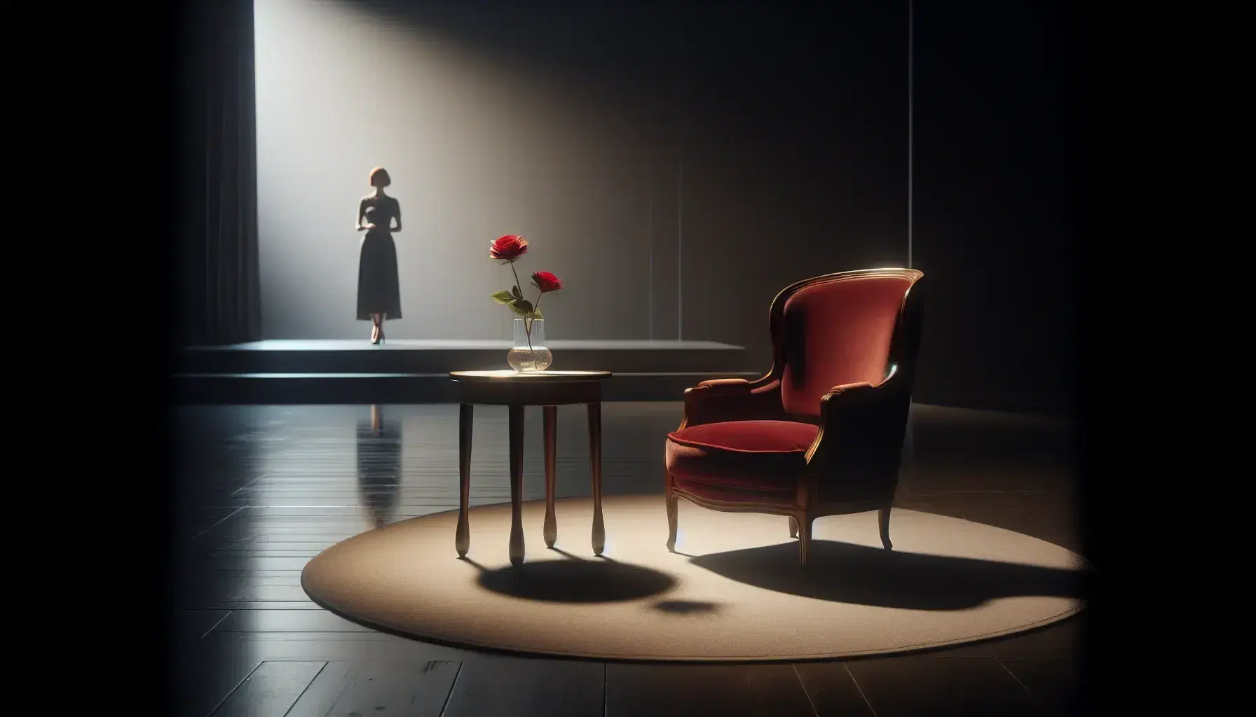 Modern minimalist theater stage with a vintage red velvet armchair, dark wood side table, single red rose, and a contemplative female actor in the background.