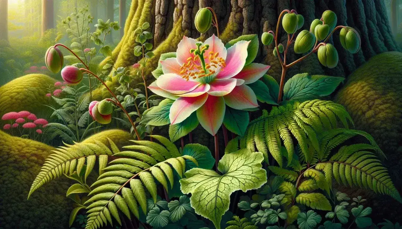 Vibrant garden scene with a pink flower in full bloom, unfurling fern fronds, mossy rock, mature tree with varied leaves, and blue-purple bell flowers under a sunny sky.