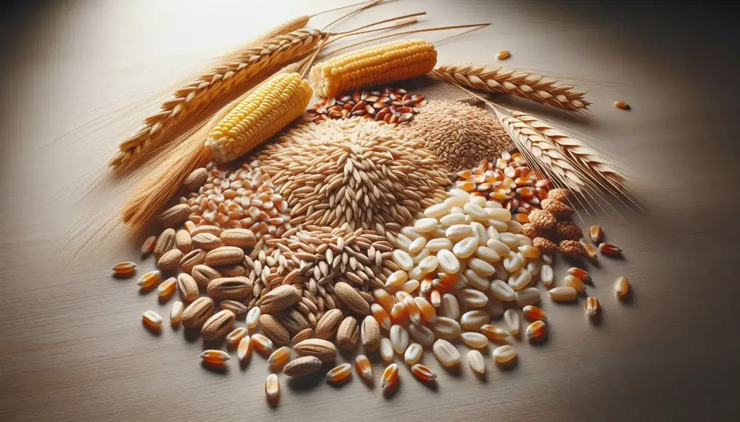 Variedad de granos enteros de cereales sobre superficie de madera clara, incluyendo trigo dorado, arroz marfil, maíz amarillo, cebada marrón claro, avena beige y centeno marrón oscuro.