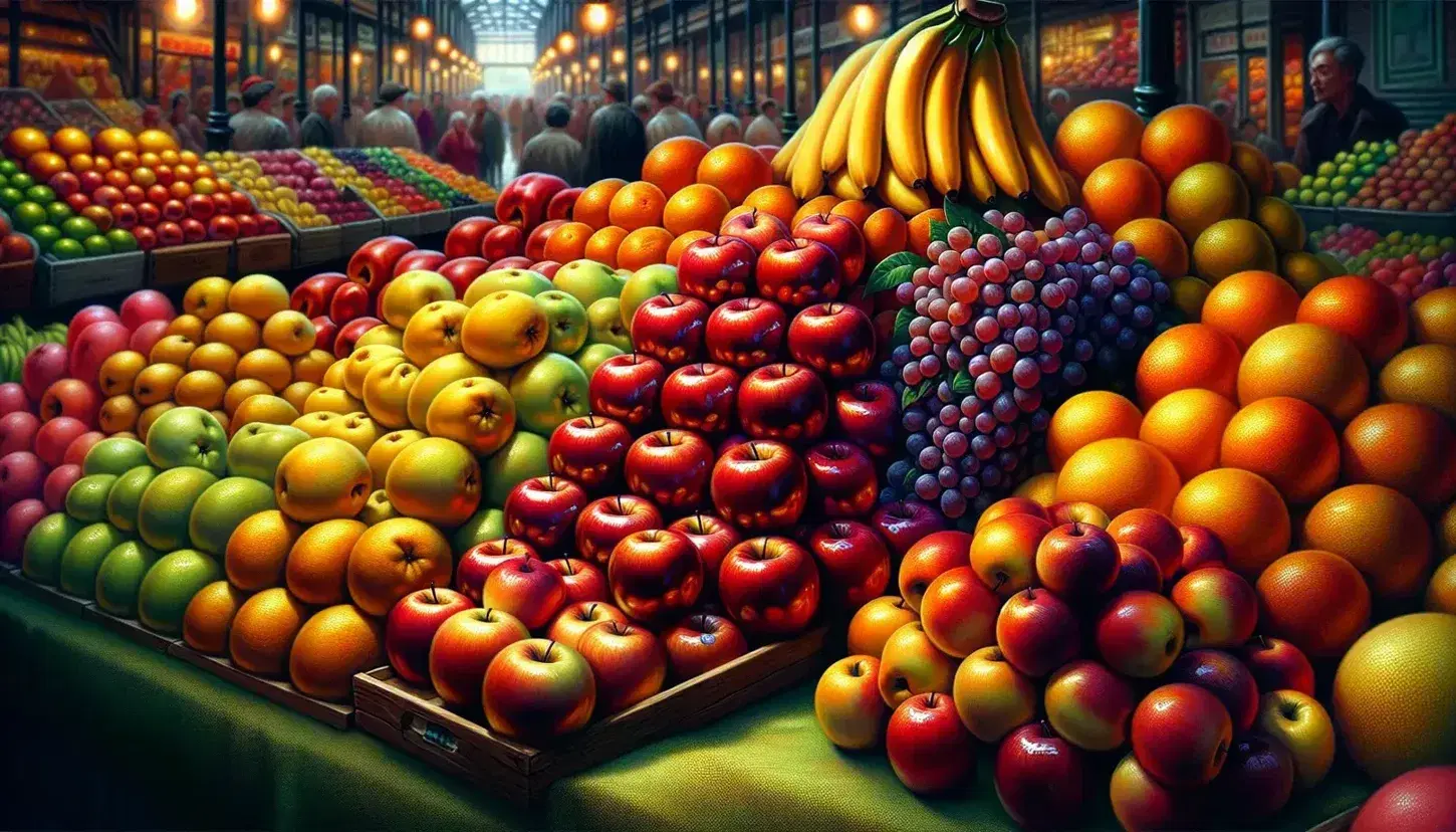 Vibrant fruit stand at a market with stacked red apples, yellow bananas, oranges, and purple grapes on a green tablecloth, with a blurred background of shoppers.