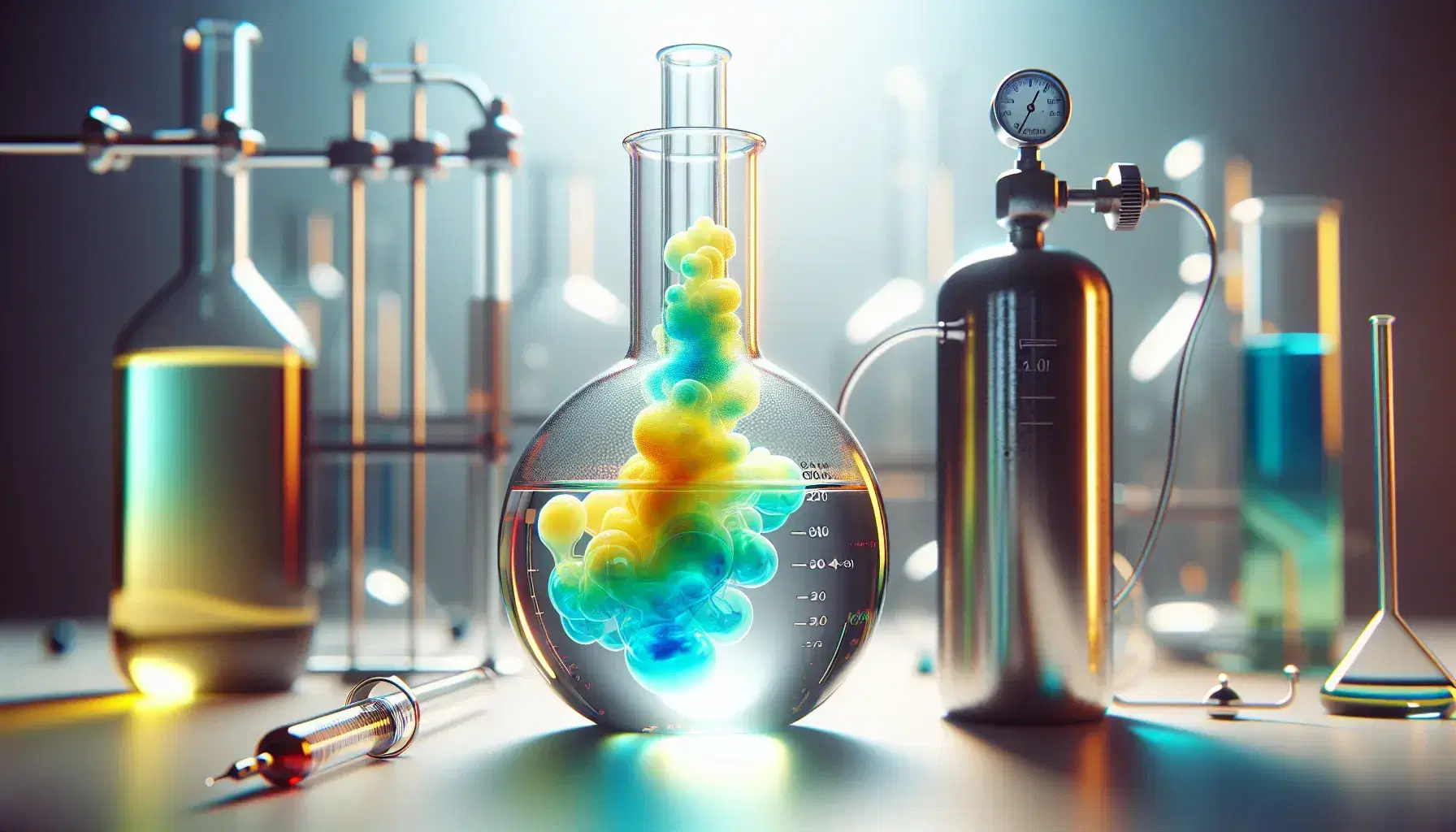 Laboratory with glass flask in the center where a colored reaction produces green gases, connected to a pressure gauge with red liquid and a closed gas cylinder.