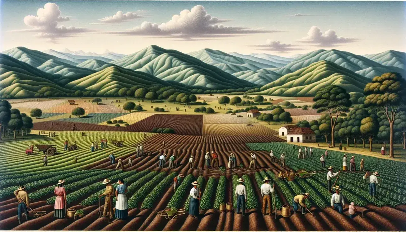 Paisaje rural colombiano con trabajadores agrícolas en campo de cultivo, montañas verdes al fondo y cielo azul claro.