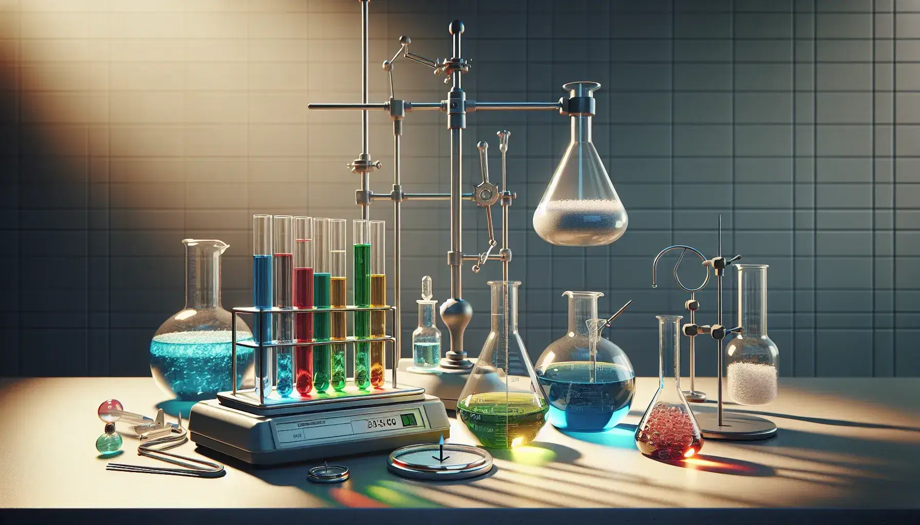 Laboratorio científico con tubos de ensayo de colores, matraz Erlenmeyer, mechero Bunsen encendido y balanza analítica.