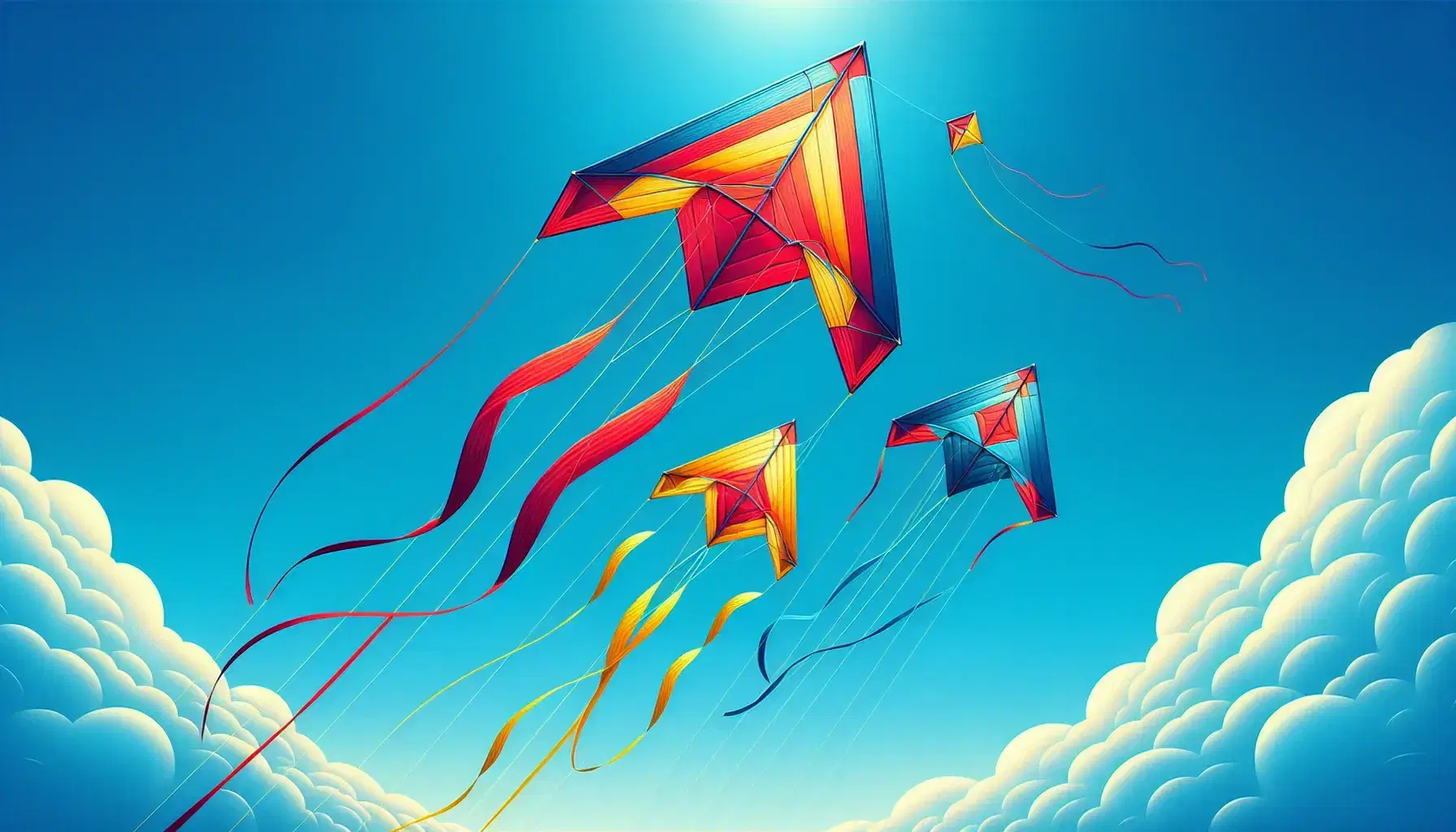 Three colorful kites—a red equilateral, a yellow isosceles, and a blue scalene—soar against a cloudless blue sky with visible strings converging off-frame.