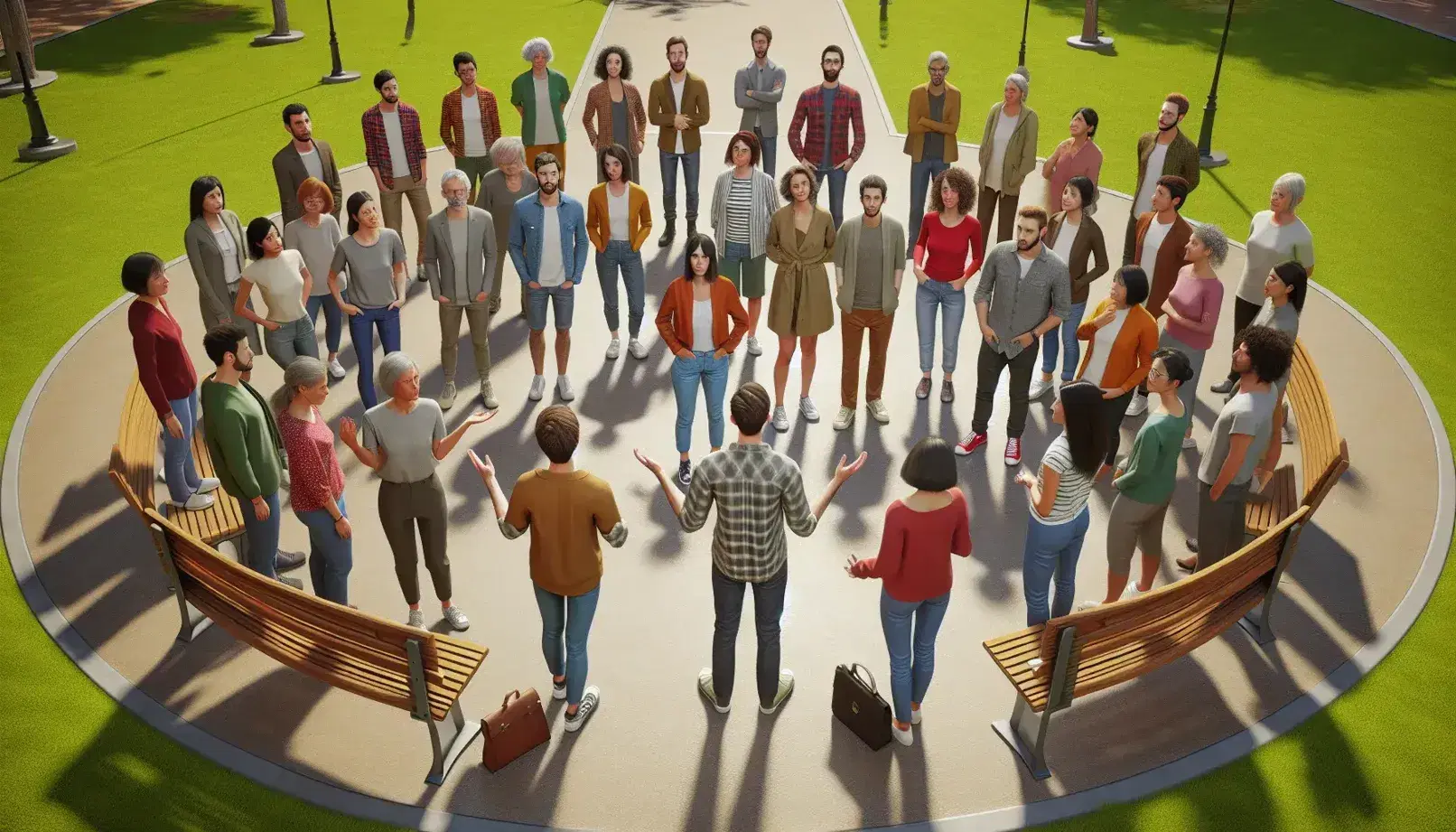 Grupo diverso de personas en debate al aire libre en un parque, con gestos de discusión y sin dispositivos electrónicos.