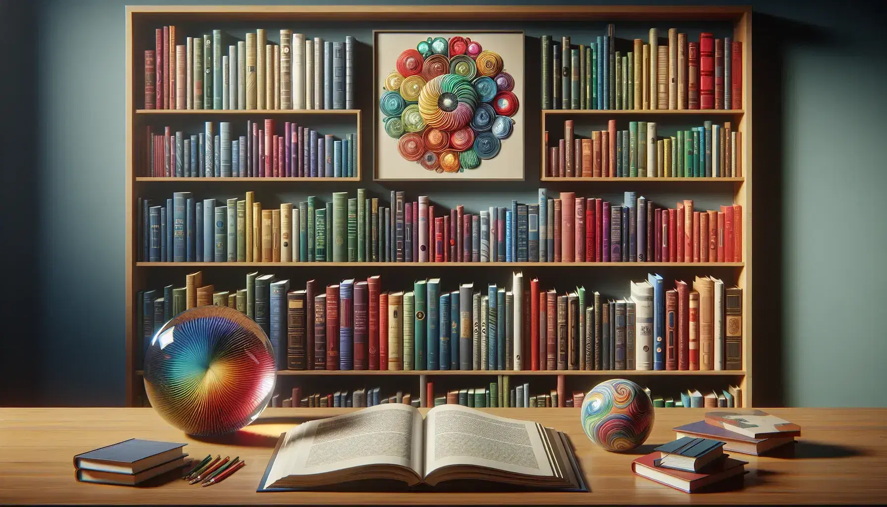 Neat bookcase with colorful books, wooden desk with open book and paperweight, picture with black and white brain hanging above.