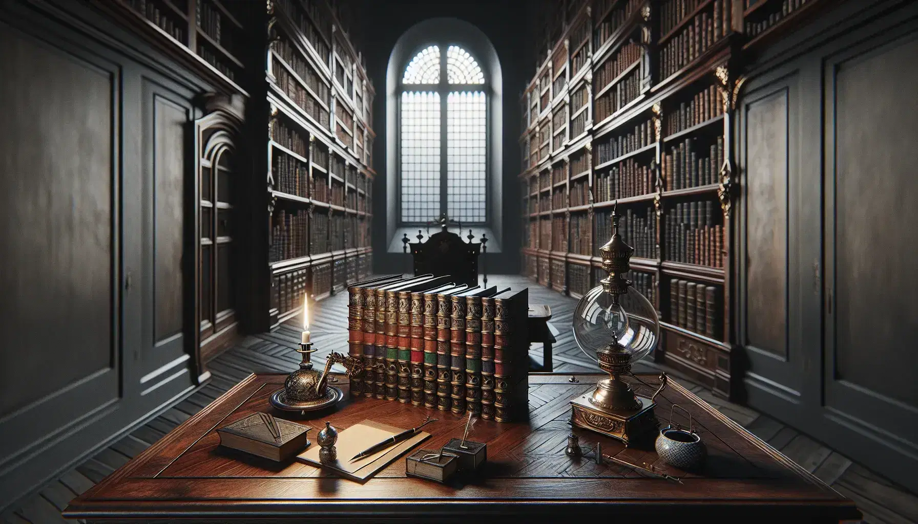 Biblioteca antica con scrivania in legno scuro, libri rilegati, calamaio d'argento, penna e lampada ad olio, scaffali pieni e pavimento a spina di pesce.