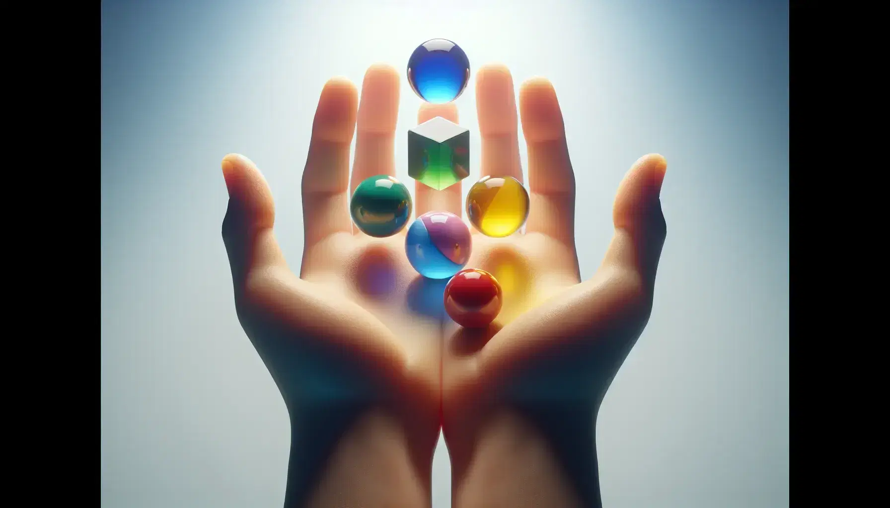 Hands displaying colored marbles and matching geometric shapes: red cube, blue sphere, green pyramid, yellow cylinder, purple cone, against a gradient background.