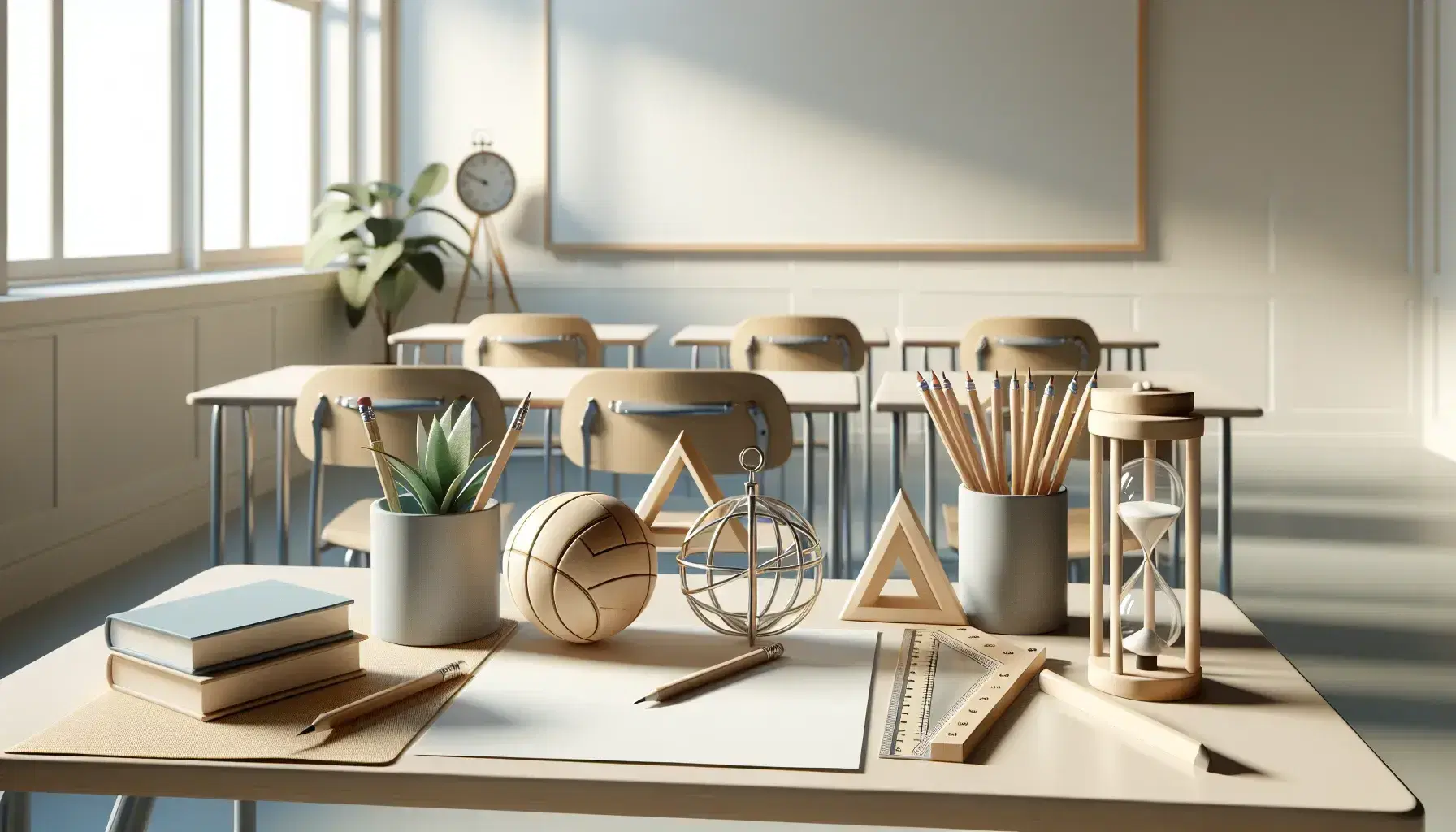 Aula luminosa con escritorio de madera, papeles, lápices, regla, compás, reloj de arena y figuras geométricas de madera, junto a una planta y sillas azules frente a pizarra blanca y ventana con cortinas.