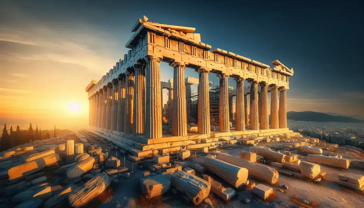 Parthenon al tramonto con colonne doriche e cielo sfumato blu-arancio, riflessi dorati sulle rovine antiche senza presenza umana.