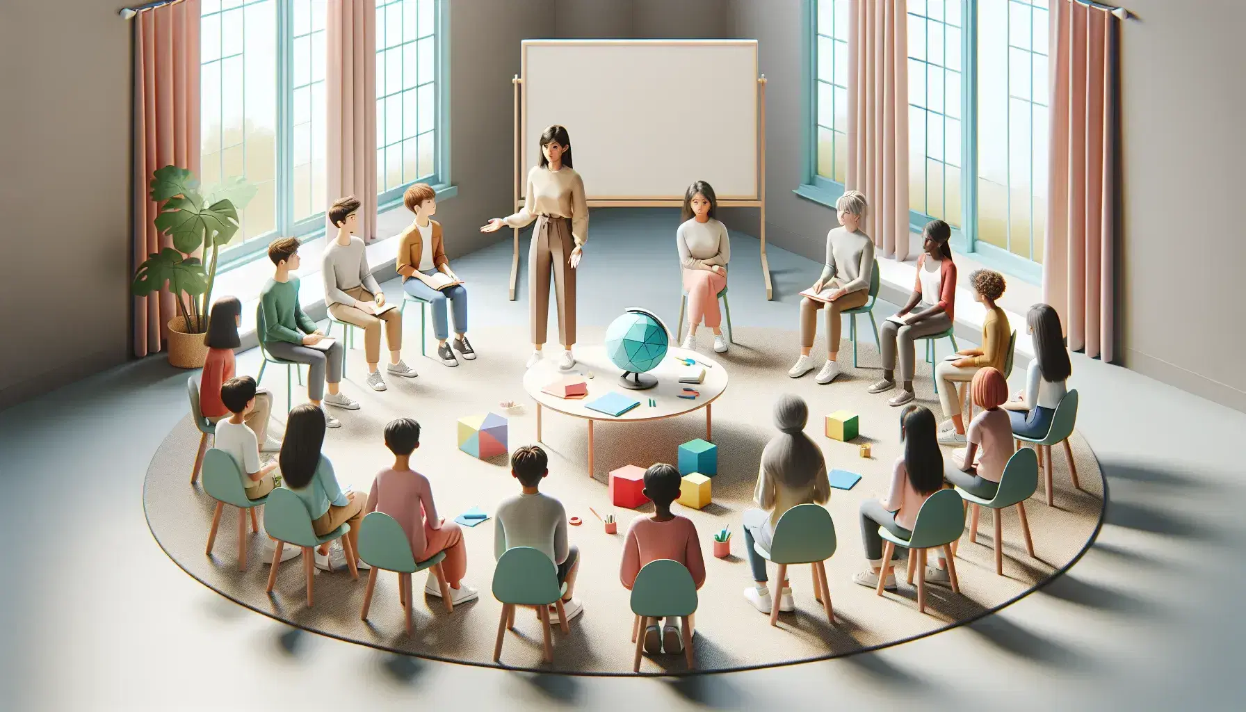 Grupo diverso de estudiantes atentos en semicírculo alrededor de una profesora explicando, con objetos educativos en primer plano y aula iluminada naturalmente.