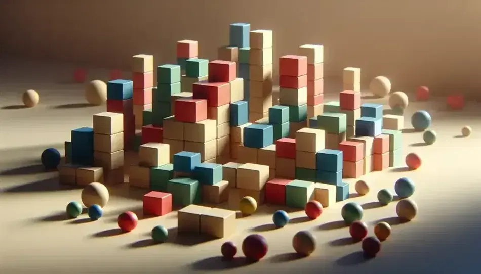 Bloques de construcción de madera en colores rojo, azul, verde y amarillo, apilados y alineados en patrones de tamaño decreciente sobre superficie lisa.