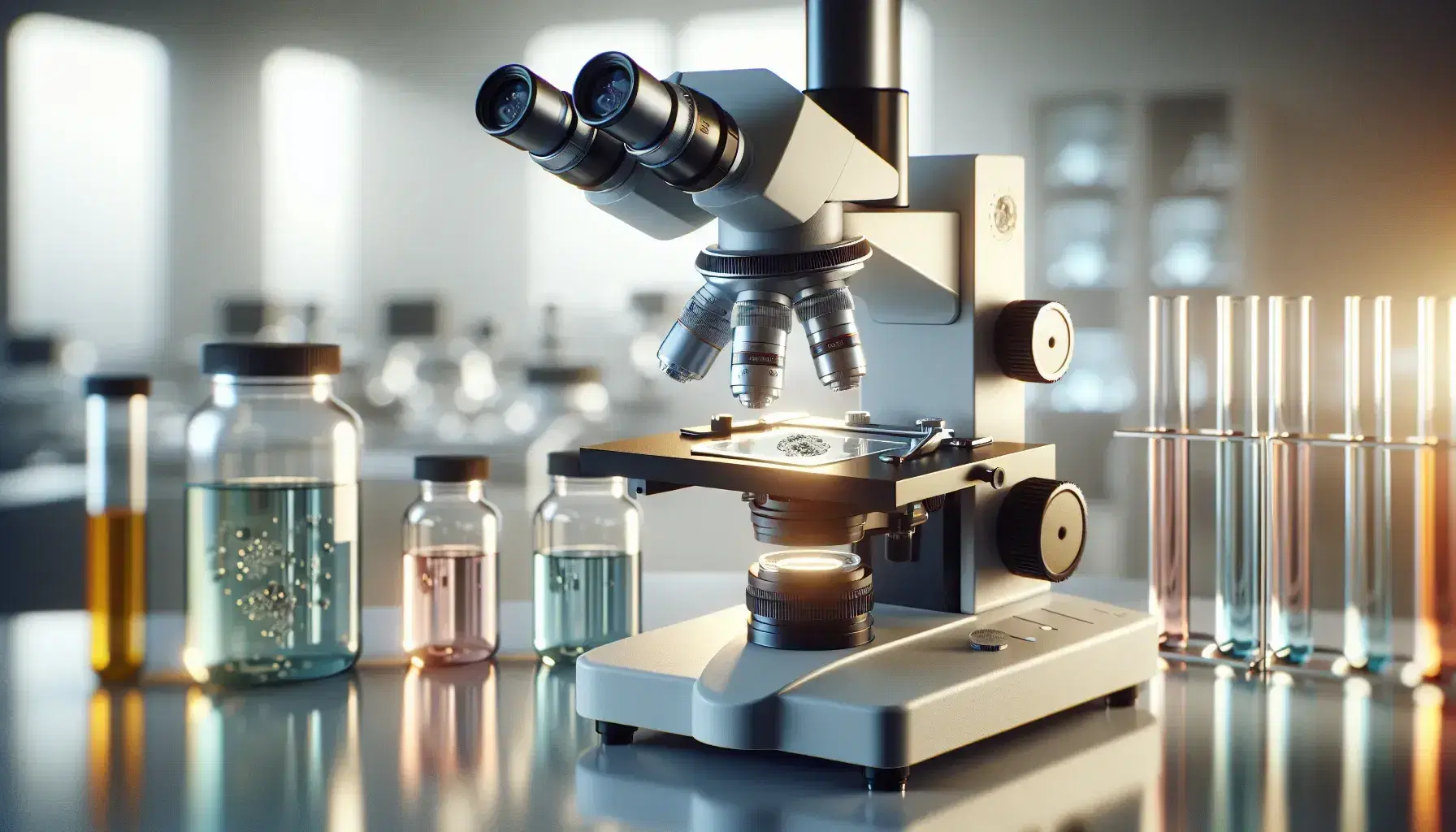 Microscopio óptico moderno en primer plano con objetivos y escenario enfocados, muestra biológica en portaobjetos y frascos con líquidos de colores en fondo desenfocado.