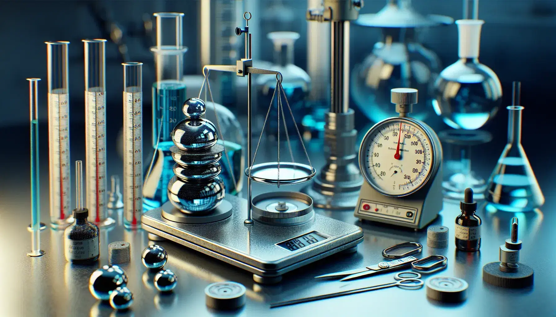 Strumenti di misurazione scientifica su tavolo da laboratorio, inclusi bilancia analitica di precisione, pesi calibrati, cilindro graduato con liquido blu e termometro al mercurio.