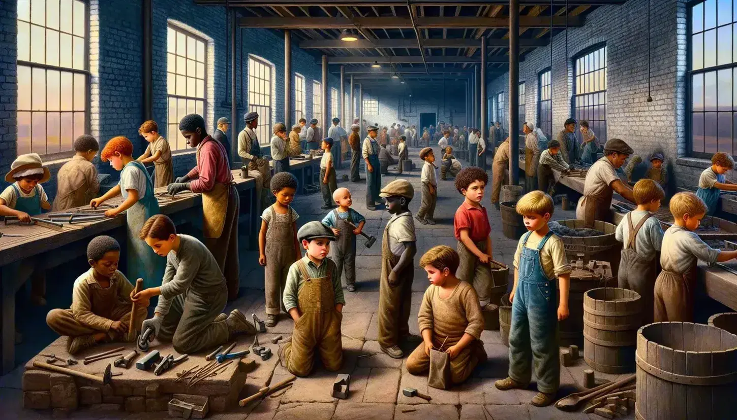 Bambini di diverse etnie lavorano in un laboratorio artigianale, maneggiando attrezzi e materiali, in un ambiente industriale illuminato naturalmente.