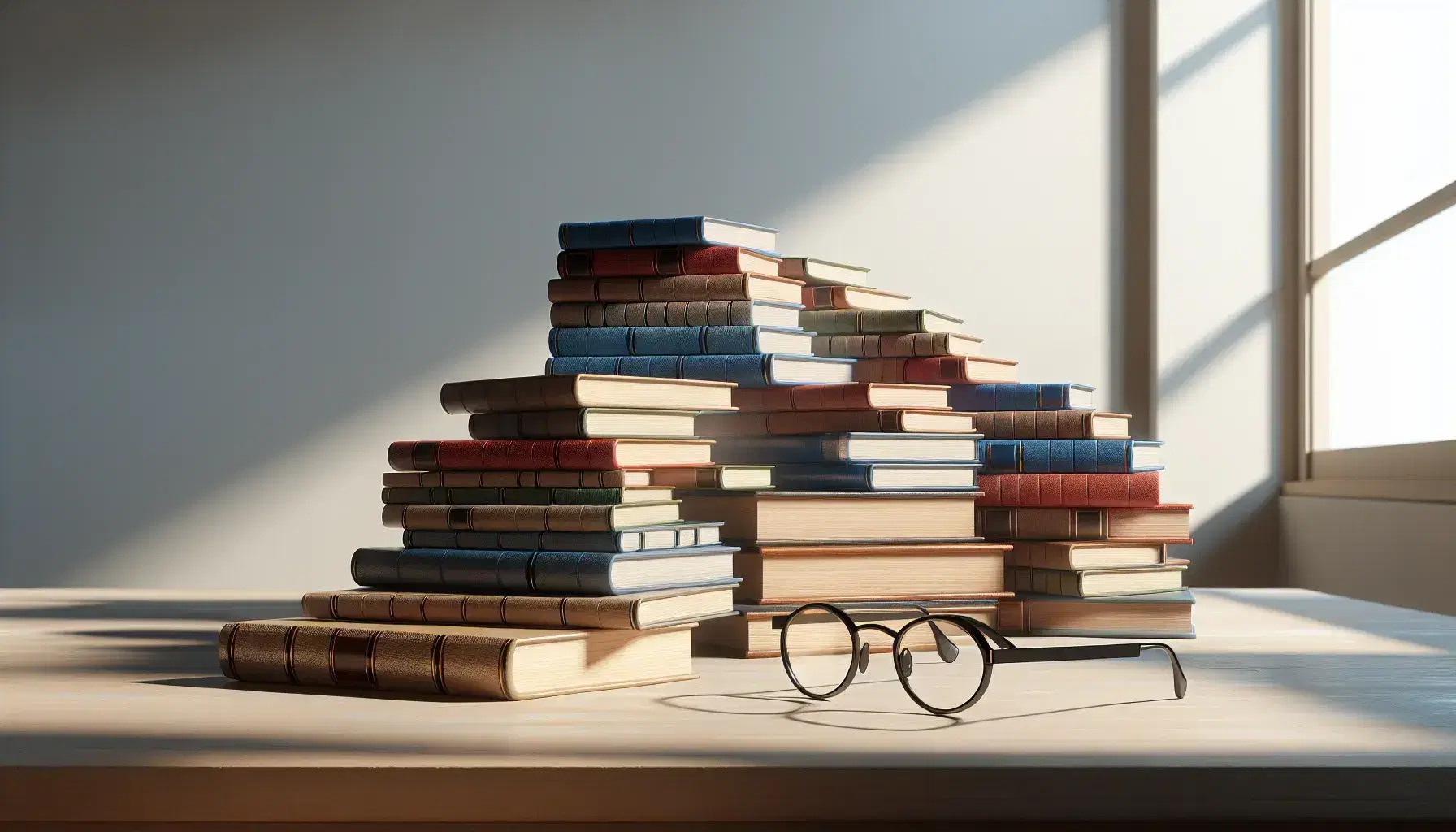 Pila de libros de colores variados formando una escalera ascendente en mesa de madera clara con gafas de montura negra al lado, bajo luz natural suave.