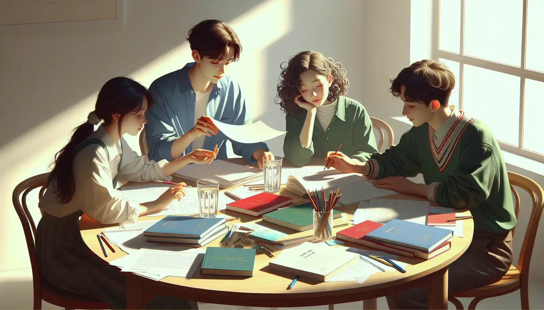 Tres estudiantes colaboran en un proyecto, uno explica con una hoja mientras otro asiente y el tercero toma notas, rodeados de libros y útiles de escritura en una mesa redonda.