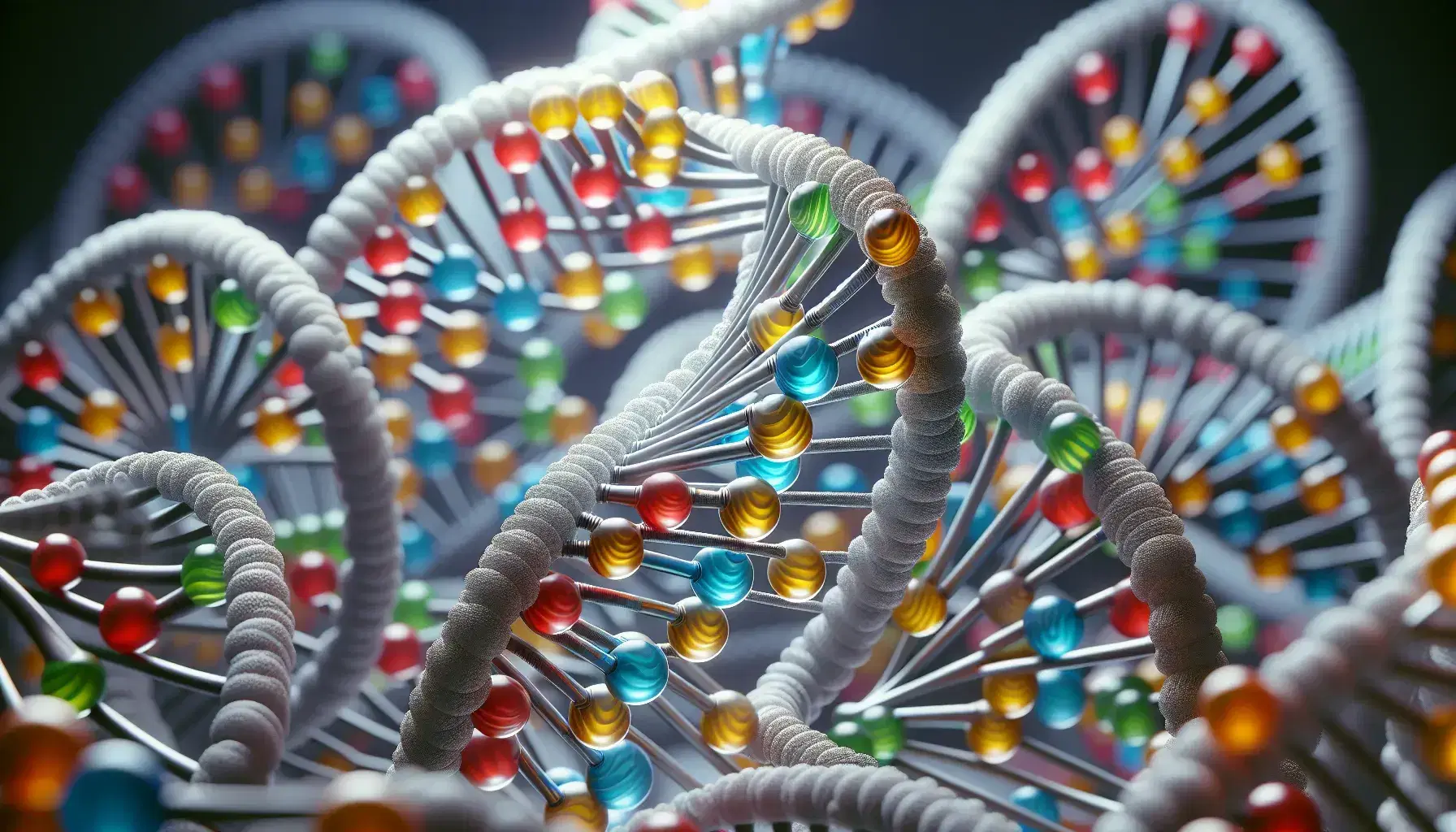 High resolution three-dimensional model of double helix DNA with colored spheres representing the nucleotides and silver metallic spirals.