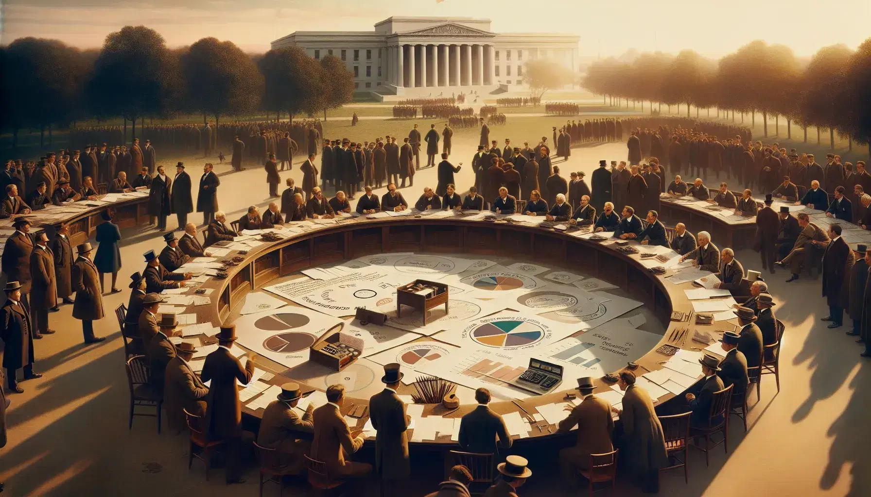 Grupo de personas diversas reunidas alrededor de una mesa redonda en un parque discutiendo gráficos y datos, con un edificio gubernamental al fondo y cielo despejado.