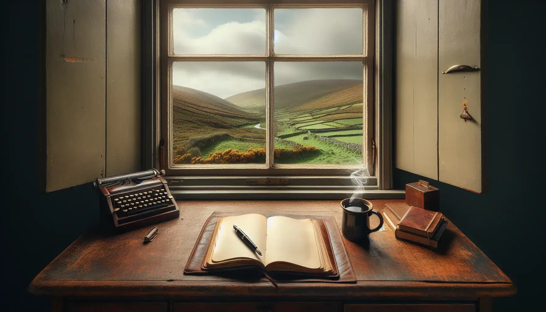Rustic wooden desk with leather-bound notebook, fountain pen, and steaming coffee mug by a window overlooking serene Irish hills.