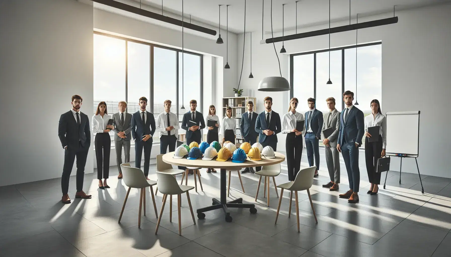 Grupo de profesionales en oficina moderna con cascos de seguridad sobre mesa redonda, luz natural y decoración con plantas.