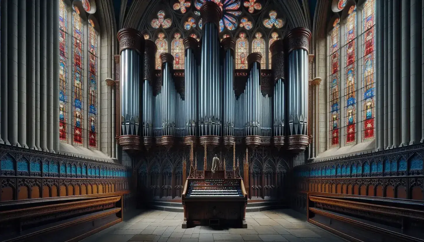 Órgano de iglesia gótica con tubos metálicos brillantes, banco de coro tallado y vidrieras coloridas iluminando el suelo de piedra y figura en toga marrón.