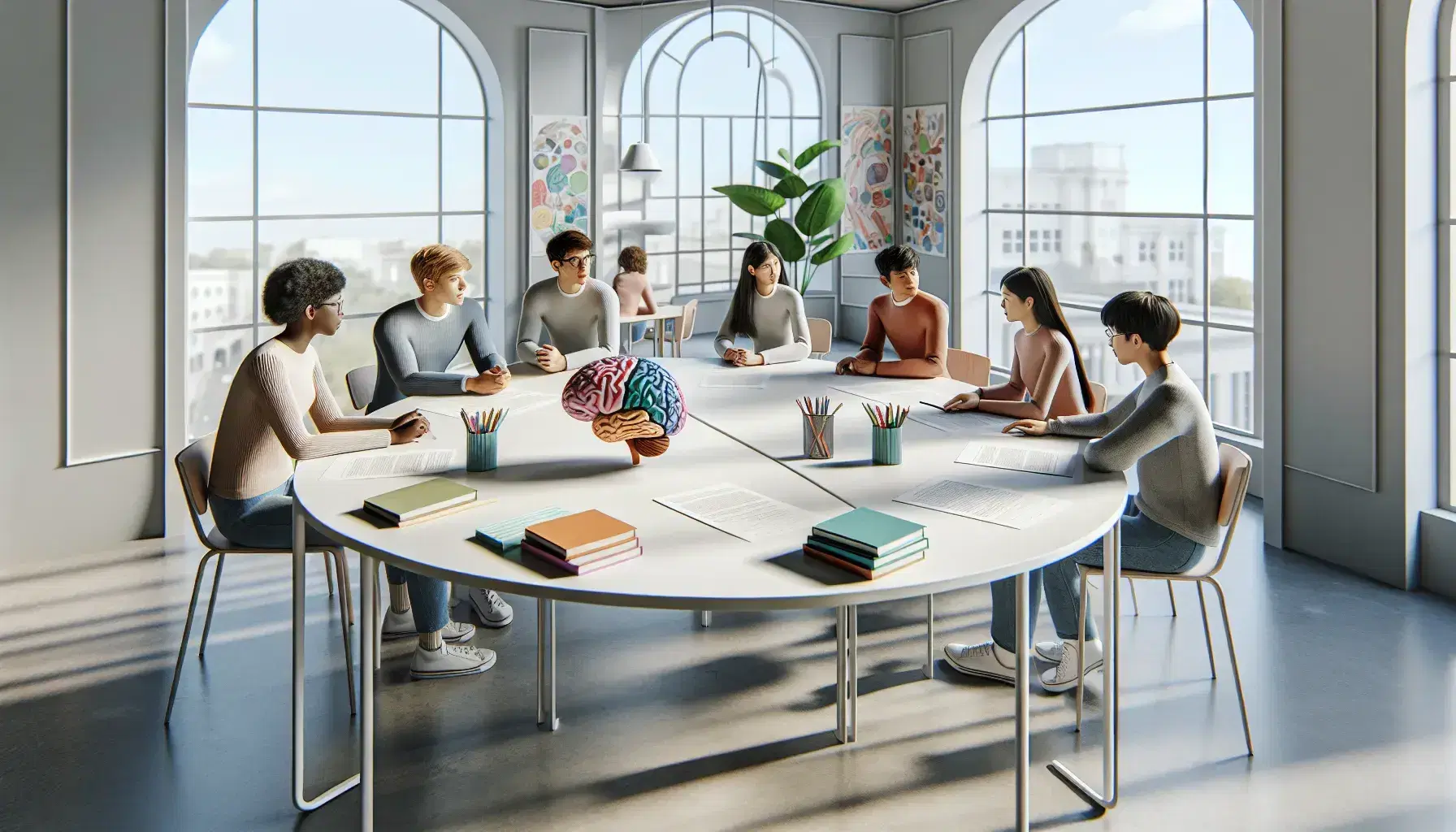 Aula moderna e luminosa con studenti diversificati attorno a un tavolo ovale, materiali didattici vari e modelli del cervello umano.